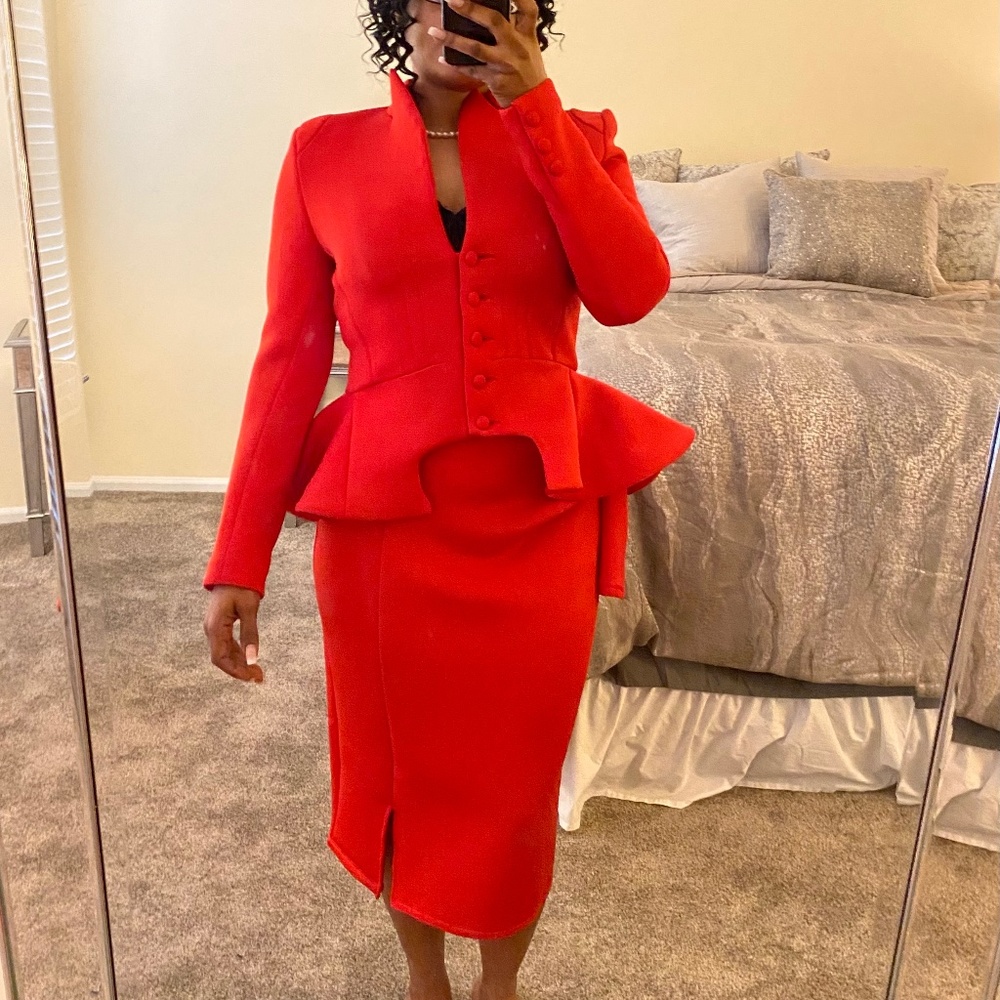 🫦Why Dress 2 PC Red Peplum Scuba Neoprene Skirt Suit Set, US Small